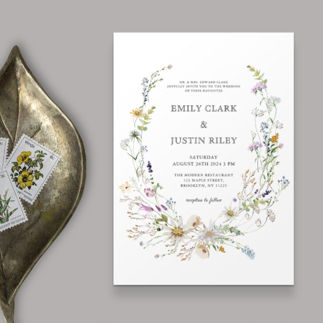 Elegant Watercolor Wildflower Wreath White Wedding Invitation (Creator Uploaded)