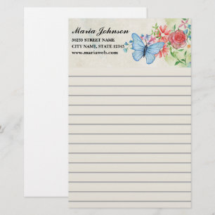 Elegant Watercolor Wildflowers and Blue Butterfly  Stationery