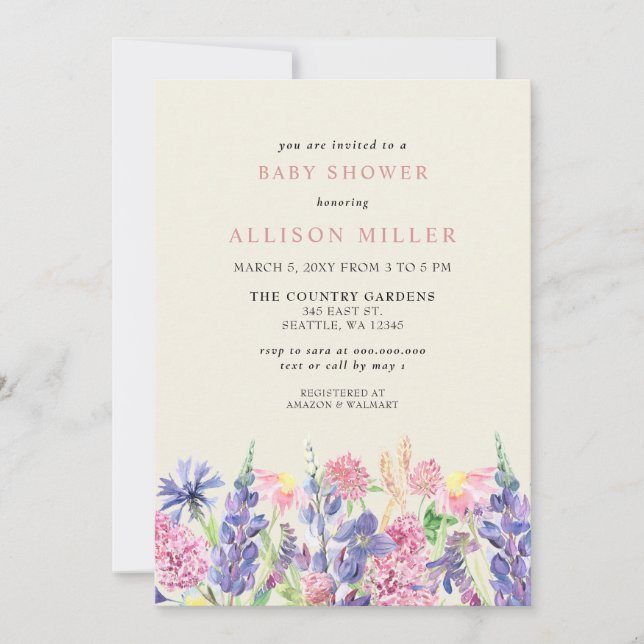 Elegant Watercolor Wildflowers Baby Shower Invitation (Front)