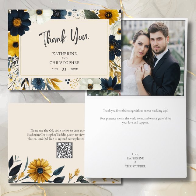 Elegant Watercolor Wildflowers Beige Wedding Photo Thank You Card (Wildflowers Wedding Photo Thank You Card with Blue and Yellow Flowers, QR Code for website.)