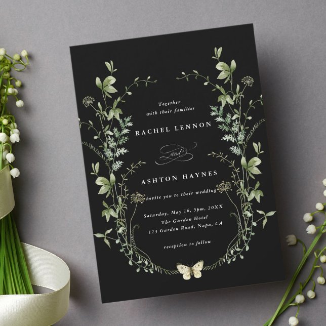 Elegant Watercolor Wildflowers Black Wedding Invitation (Creator Uploaded)