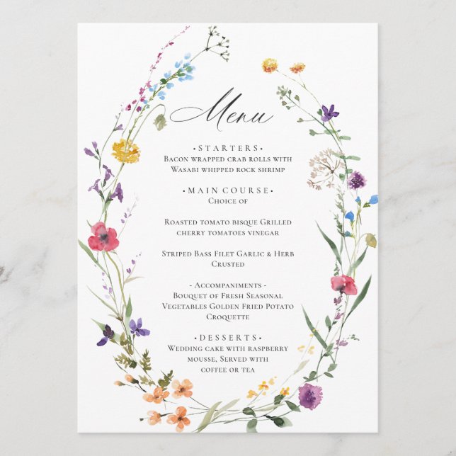 Elegant Watercolor Wildflowers Boho Wedding Dinner Menu (Front)