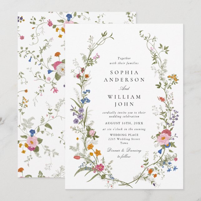 Elegant Watercolor Wildflowers Floral Wedding Invitation (Front/Back)