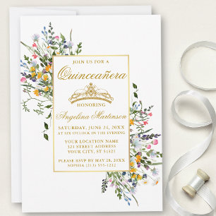 Elegant Watercolor Wildflowers Gold Quinceanera Invitation