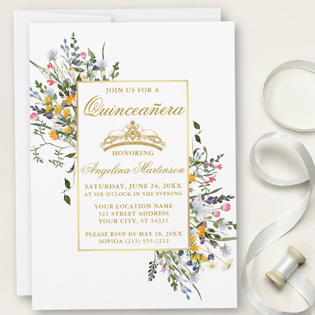 Elegant Watercolor Wildflowers Gold Quinceanera Invitation (Customize to change text size, color, style or to add more text or photos to back of card.)