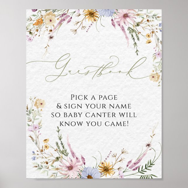 Elegant Watercolor Wildflowers Guestbook Poster (Front)