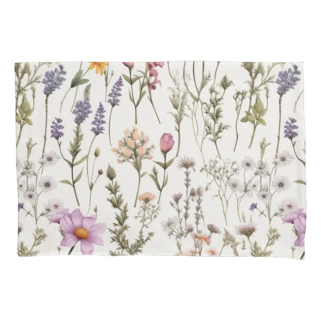 Elegant Watercolor Wildflowers Pattern Pillowcase (Front)
