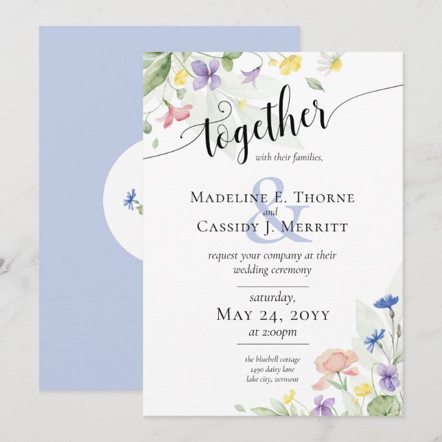 Elegant Watercolor Wildflowers Rainbow Wedding Invitation (Front/Back)