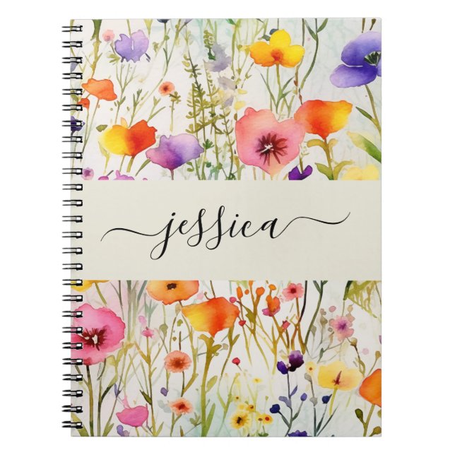 Elegant watercolor wildflowers script name  notebook (Front)