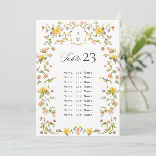 Elegant Watercolor Wildflowers Seating Chart Card (Standing Front)