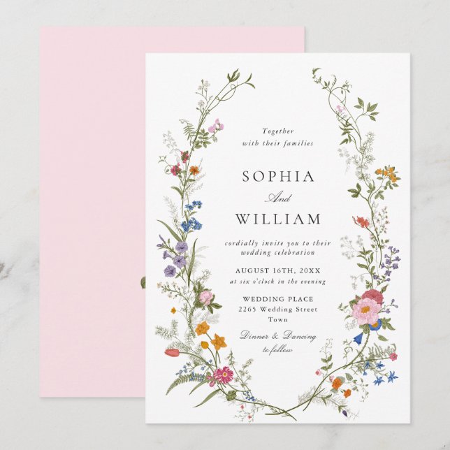 Elegant Watercolor Wildflowers Simple Pink Wedding Invitation (Front/Back)