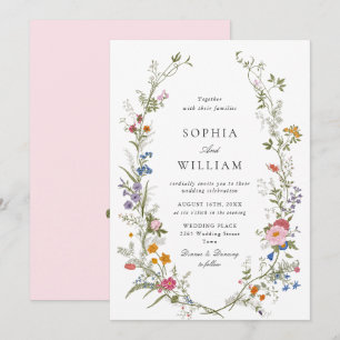 Elegant Watercolor Wildflowers Simple Pink Wedding Invitation