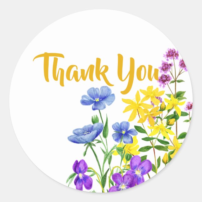 Elegant Watercolor Wildflowers Thank You Sticker (Front)