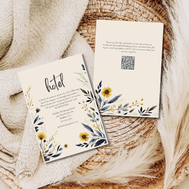 Elegant Watercolor Wildflowers Wedding Hotel Beige Enclosure Card (Elegant Wildflowers Wedding Hotel Enclosure Card with Blue Yellow Watercolor Flowers, QR Code.)