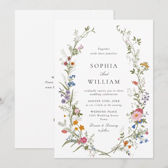 Elegant Watercolor Wildflowers Wedding Invitation (Front/Back)