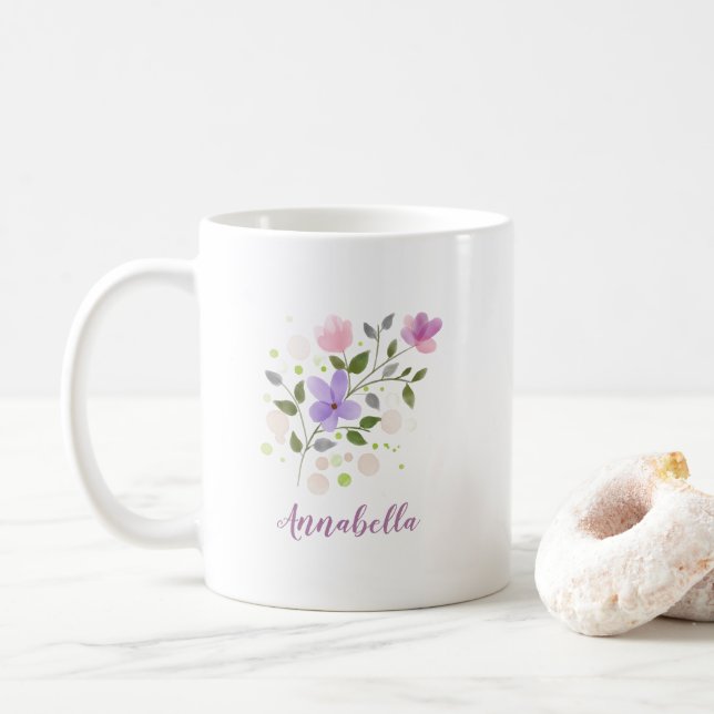 Elegant Watercolor Wildflowers with Name Gift Coffee Mug (With Donut)