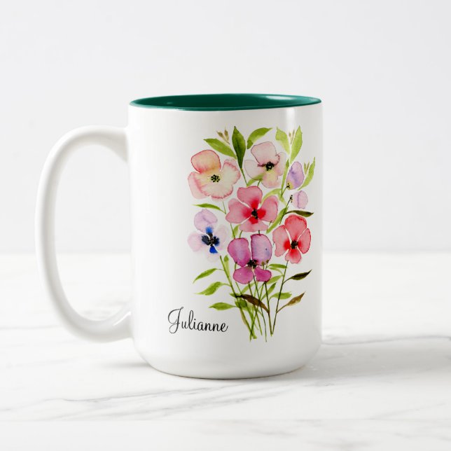 Elegant Watercolor Wildflowers with Name Two-Tone Coffee Mug (Left)