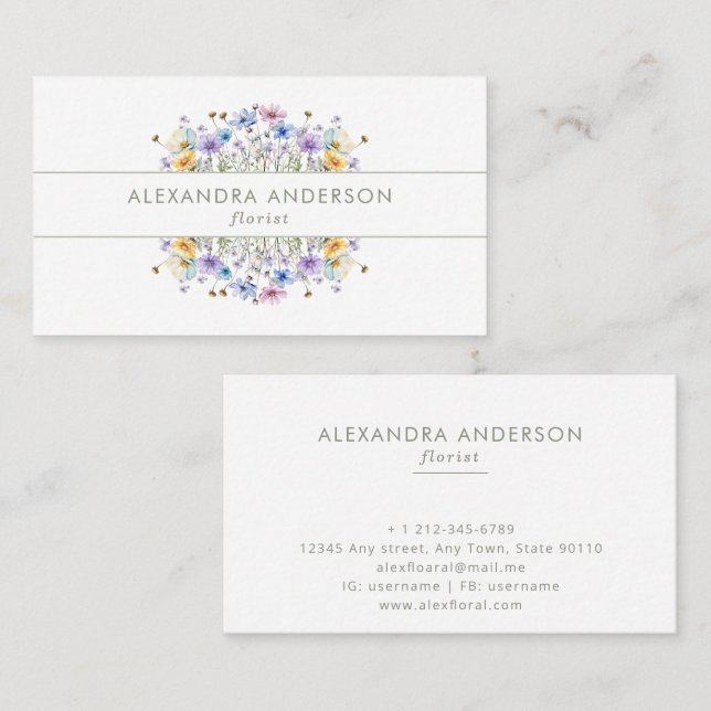 Elegant Watercolor Wildflowers Wreath Business Card (Front/Back)