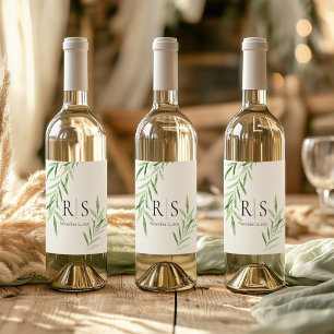 Elegant Watercolor Willow Botanical Monogram Wine Label