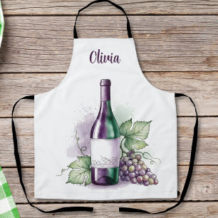 Elegant Watercolor Wine Bottle & Grapes Apron