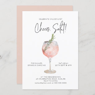 Elegant Watercolor Wine Cocktail Party Pink 21st Invitation