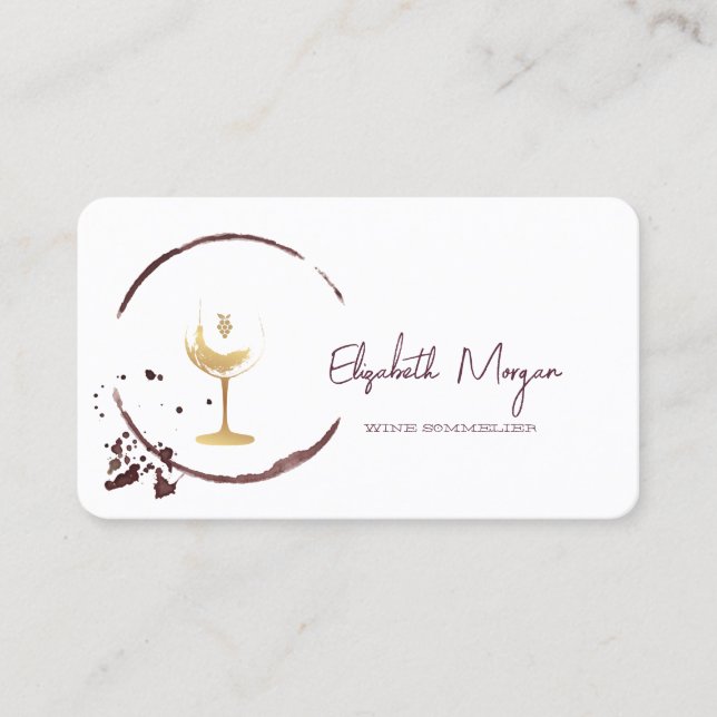 Elegant Watercolor Wine Stain Gold Wine Glass  Business Card (Front)