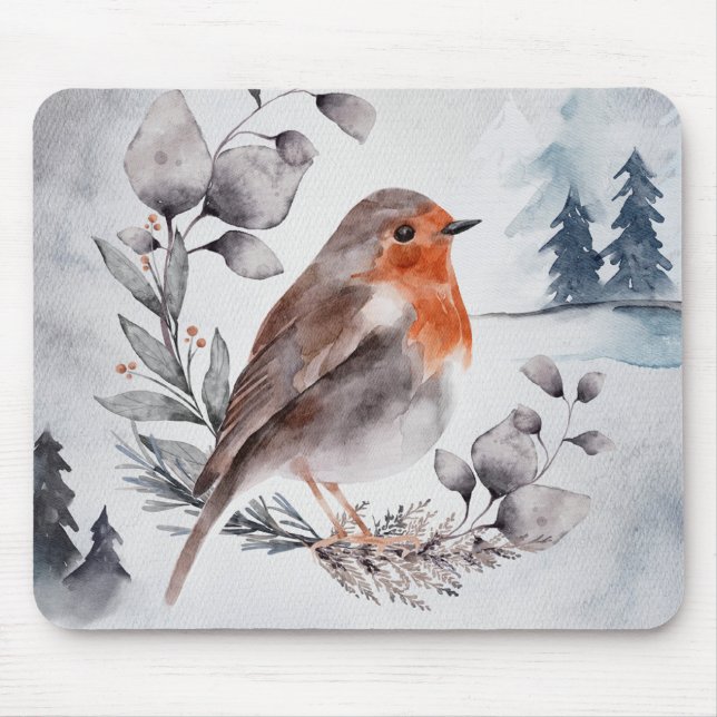 Elegant Watercolor Winter American Robin Mouse Mat (Front)