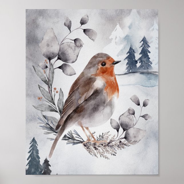 Elegant Watercolor Winter American Robin Poster (Front)