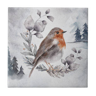 Elegant Watercolor Winter American Robin Tile