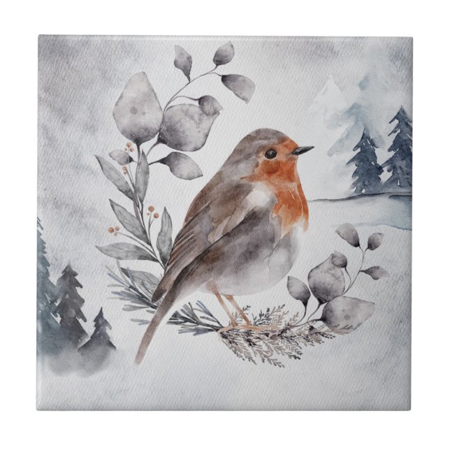 Elegant Watercolor Winter American Robin Tile (Front)
