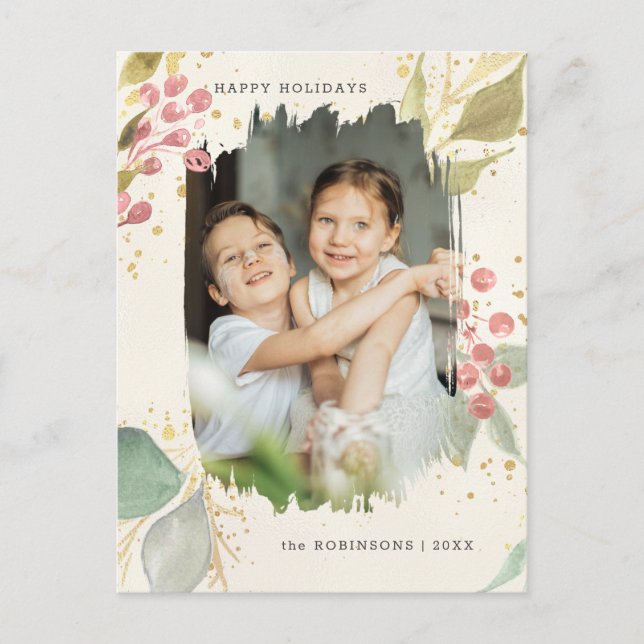 Elegant Watercolor Winter Berries & Greenery Photo Holiday Postcard (Front)