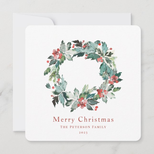 Elegant Watercolor Winter Berry Greenery Wreath Holiday Card (Front)