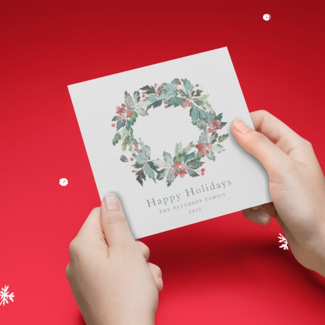 Elegant Watercolor Winter Berry Greenery Wreath Holiday Card (Creator Uploaded)