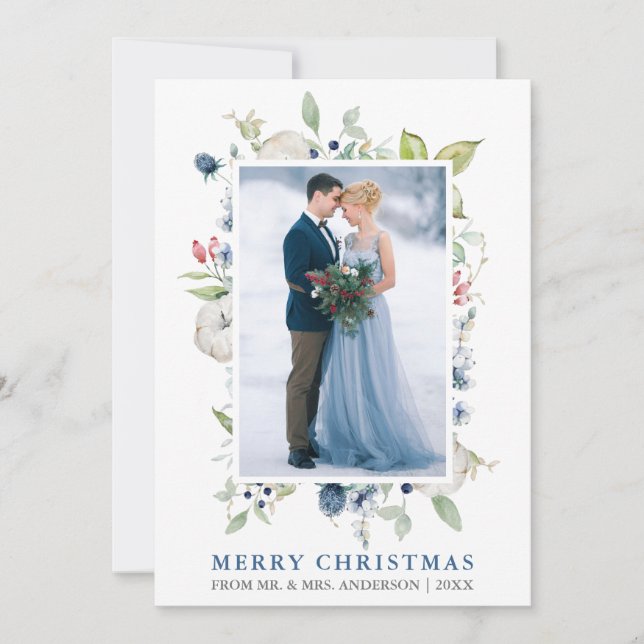 Elegant Watercolor Winter Blue Floral Newlywed Holiday Card (Front)