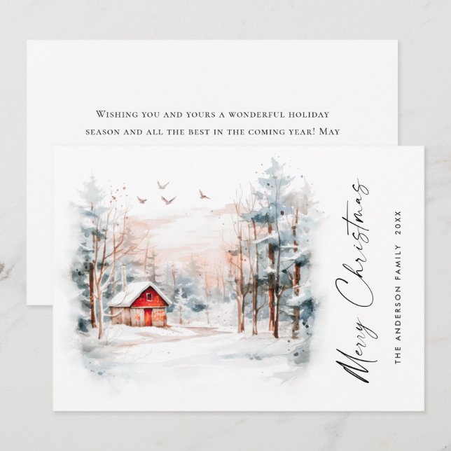 Elegant Watercolor Winter Christmas Landscape Holiday Card (Front/Back)