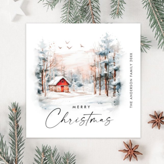 Elegant Watercolor Winter Christmas Landscape Holiday Card (Creator Uploaded)