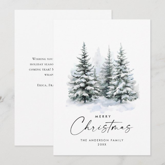 Elegant Watercolor Winter Christmas Pine Tree Holiday Card (Front/Back)