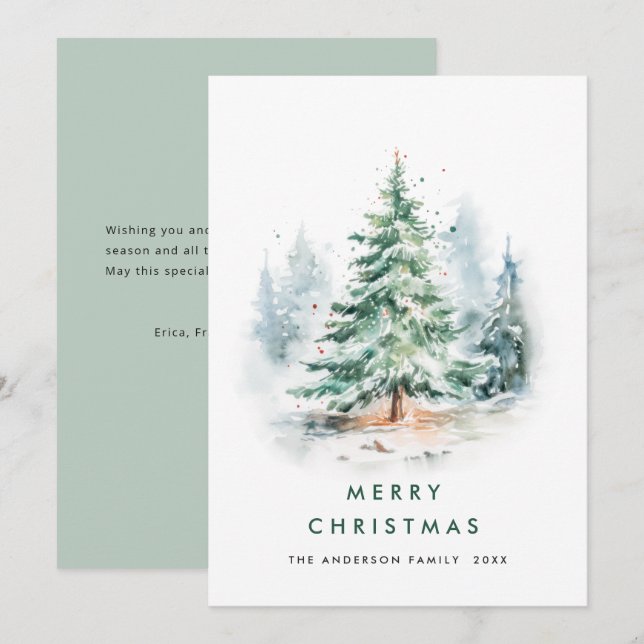 Elegant Watercolor Winter Christmas Pine Tree Holiday Card (Front/Back)