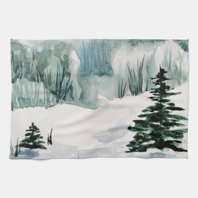 Elegant Watercolor Winter Christmas Trees Snow Tea Towel (Horizontal)