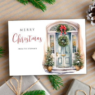 Elegant Watercolor Winter Door Christmas Holiday Card