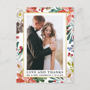 Elegant Watercolor Winter Floral Love and Thanks Postcard