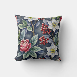Elegant Watercolor Winter Floral Pattern Charcoal Cushion