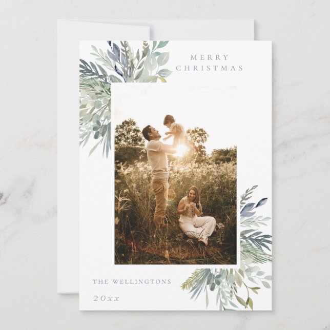 Elegant Watercolor Winter Foliage Single Photo Holiday Card (Front)