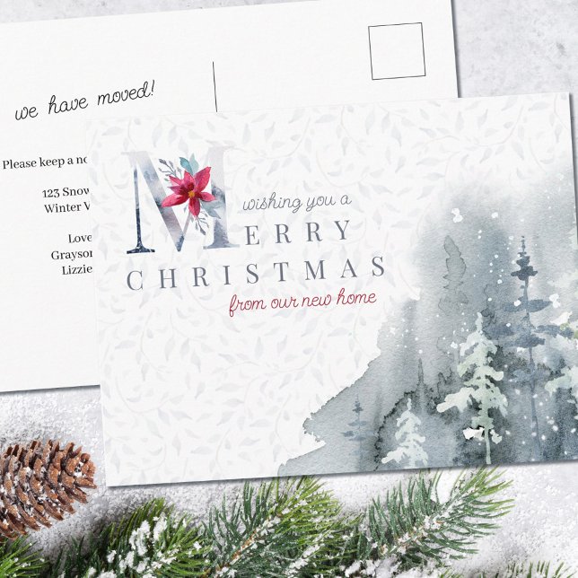 Elegant Watercolor Winter Forest Change of Address Postcard (Creator Uploaded)