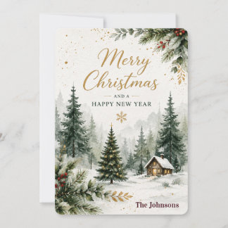 Elegant Watercolor Winter Forest Merry Christmas Holiday Card