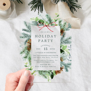 Elegant Watercolor Winter Greenery Holiday Party Acrylic Invitations