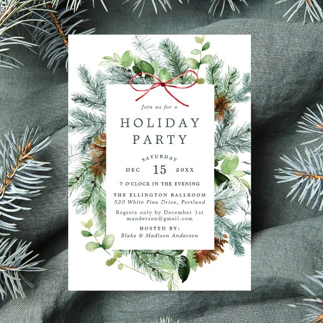 Elegant Watercolor Winter Greenery Holiday Party Invitation (Creator Uploaded)