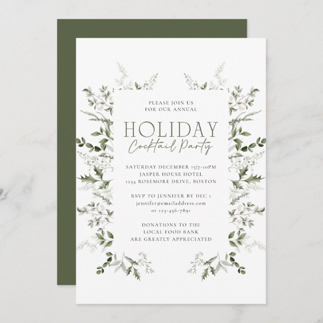 Elegant Watercolor Winter Greenery Holiday Party Invitation (Front/Back)