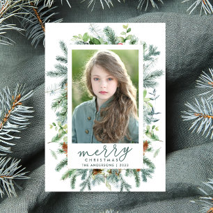 Elegant Watercolor Winter Greenery Photo Holiday Card