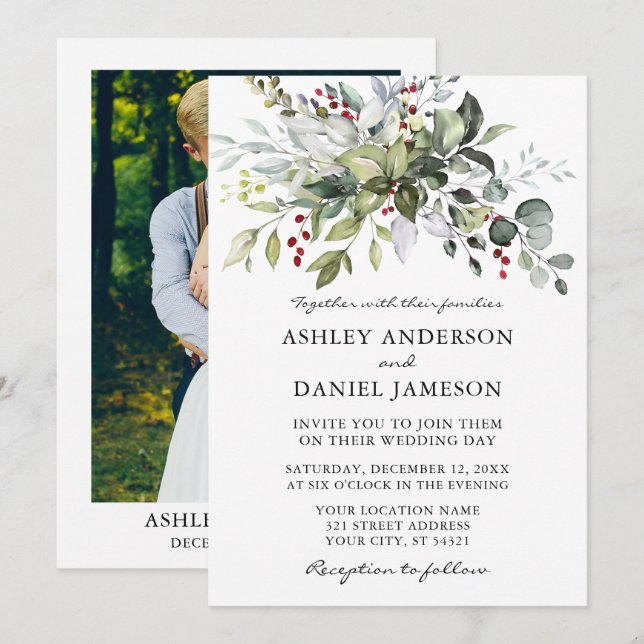 Elegant Watercolor Winter Greenery Photo Wedding Invitation (Front/Back)